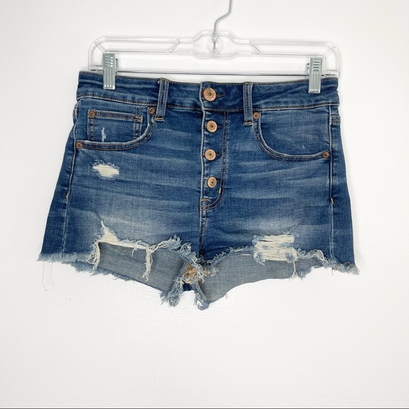 American Eagle Outfitters Pants - American Eagle Hi Rise Button Fly Distressed Medium Wash Denim Shorts Size 6